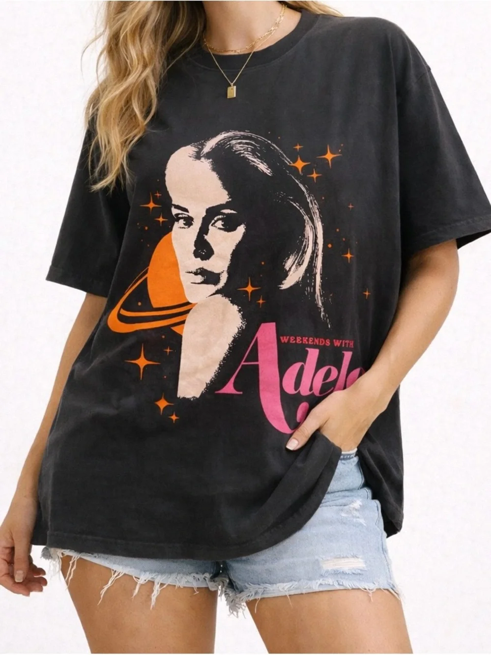 Weekends With Adele Graphic Tee - Black with Pink & Orange Print - Picture 1 of 4
